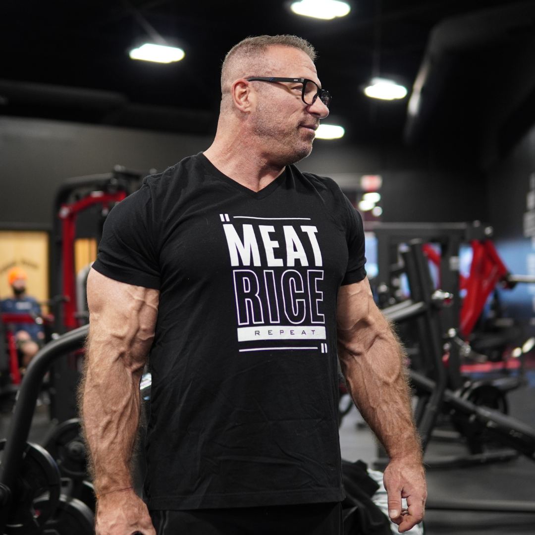 Troponin Supplements Meat, Rice, Repeat V-Neck T-Shirt - Comfortable and Stylish Fitness Apparel