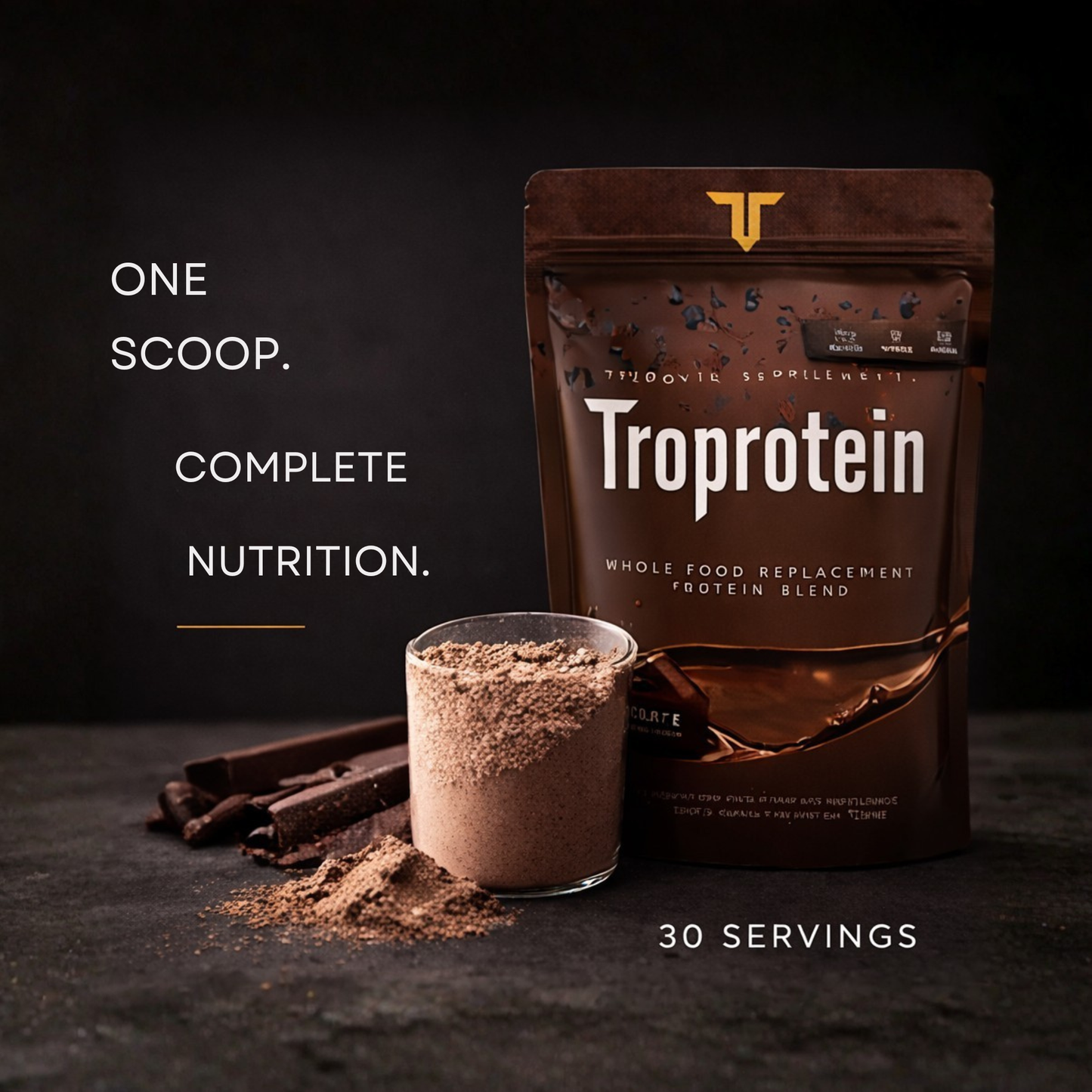 
                  
                    Troprotein whole food protein blend - one scoop complete nutrition, 30 servings, chocolate flavor with powder and mixed shake by Troponin Supplements
                  
                