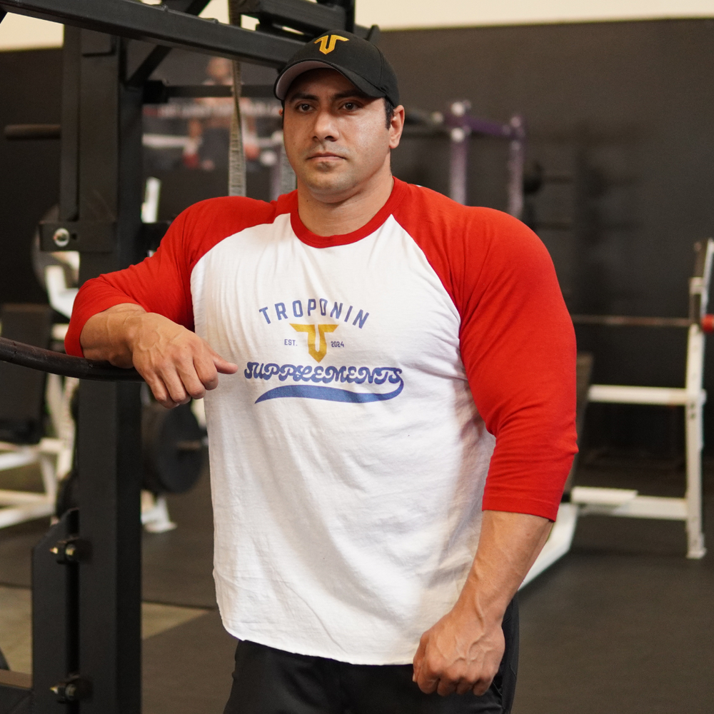 Troponin Supplements 3/4 Sleeve Retro Raglan - Classic retro-style raglan shirt with Troponin logo, perfect for workouts and casual wear.