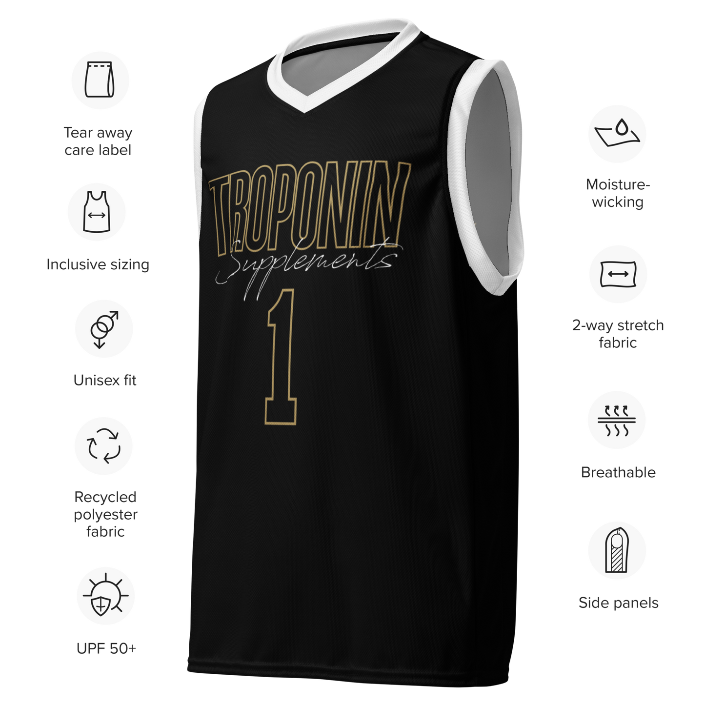 
                  
                    Troponin Uno Jersey - Eco-Friendly Basketball Jersey with Two-Way Stretch Fabric, UPF50+ Protection, and Moisture-Wicking Features
                  
                